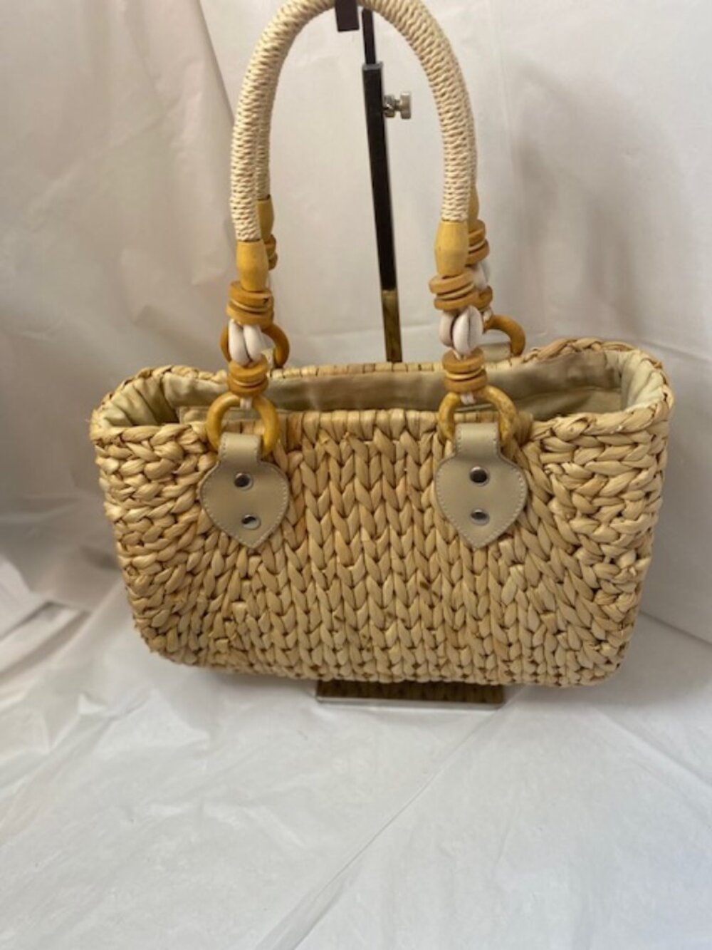 White Stag Straw Shoulder Bag with Shell Detailing